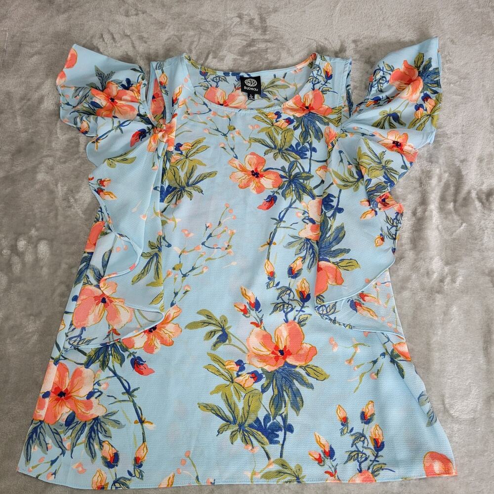 Womens Ruffle Short Sleeve Island Print Blouse Size L Beachy Boho Flowy Vacation